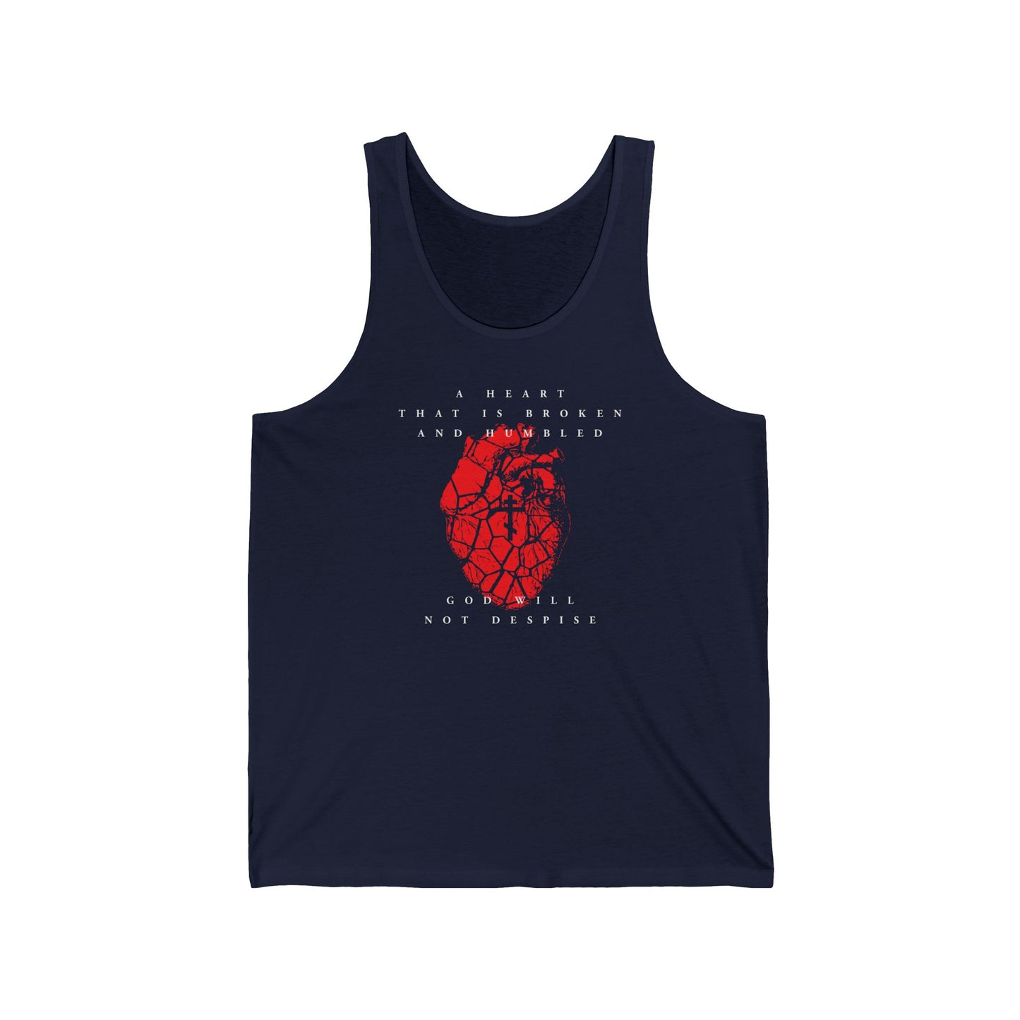 Navy cotton tank top with cracked heart and Orthodox cross design, featuring the text: "A heart that is broken and humbled God will not despise," inspired by Psalm 51 and King David’s prayer for repentance.