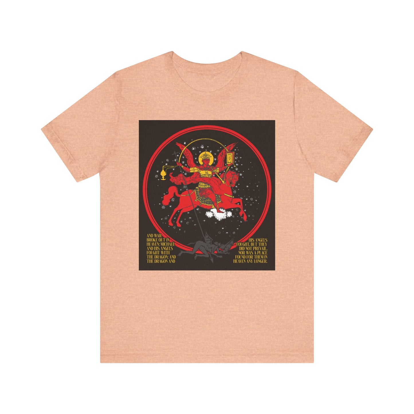 Heather Peach unisex t-shirt featuring double-sided “Archangel Michael of the Apocalypse Iconographic / Death is Swallowed Up In Victory” artwork, inspired by Revelation 12:7-9. Lightweight cotton for comfort.