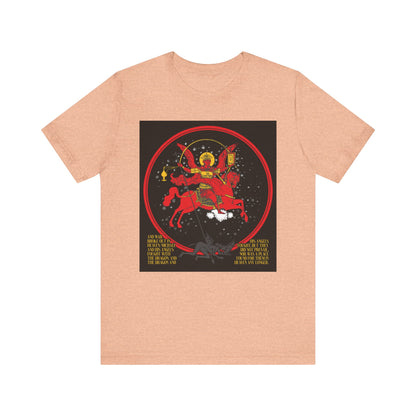 Heather Peach unisex t-shirt featuring double-sided “Archangel Michael of the Apocalypse Iconographic / Death is Swallowed Up In Victory” artwork, inspired by Revelation 12:7-9. Lightweight cotton for comfort.