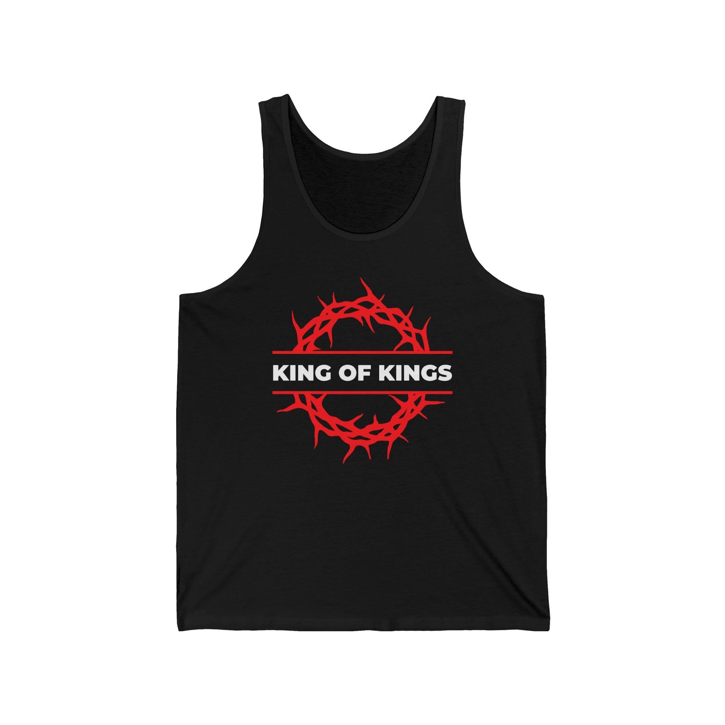 Black jersey cotton tank top featuring a red crown of thorns graphic and "KING OF KINGS" in white, inspired by Revelation 19:16. Product name: King of Kings Crown of Thorns | The King of Glory | Christ is King.