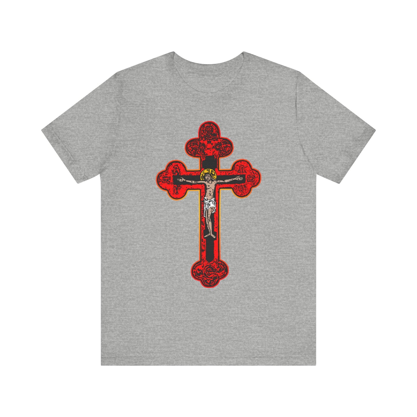 Athletic Heather "Red Orthodox Christian Crucifix" tee, featuring a large red and black Byzantine Golgotha Cross with a small figure of Jesus at the center—an inspiring reminder of being crucified with Christ, inspired by Isaiah 53:3-5.