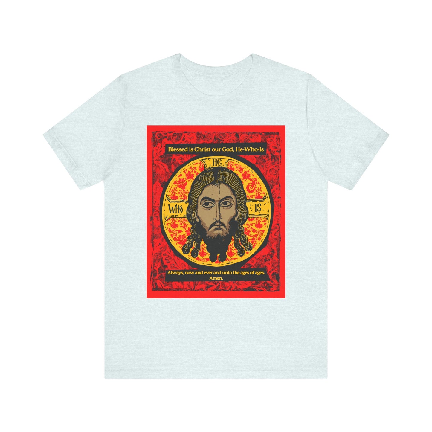 Heather Ice Blue tee featuring the "Made Without Hands (Mandylion/Image of Edessa)" Orthodox icon of Jesus Christ, with hymn text above and below in veneration. Lightweight cotton, unisex fit.