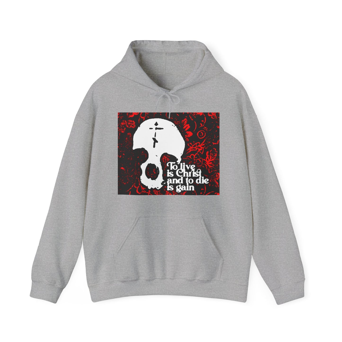 To Live is Christ To Die is Gain (Phil 1:21) | Skull with Cross on Red Floral Texture | Orthodox Christian Hoodie / Hooded Sweatshirt
