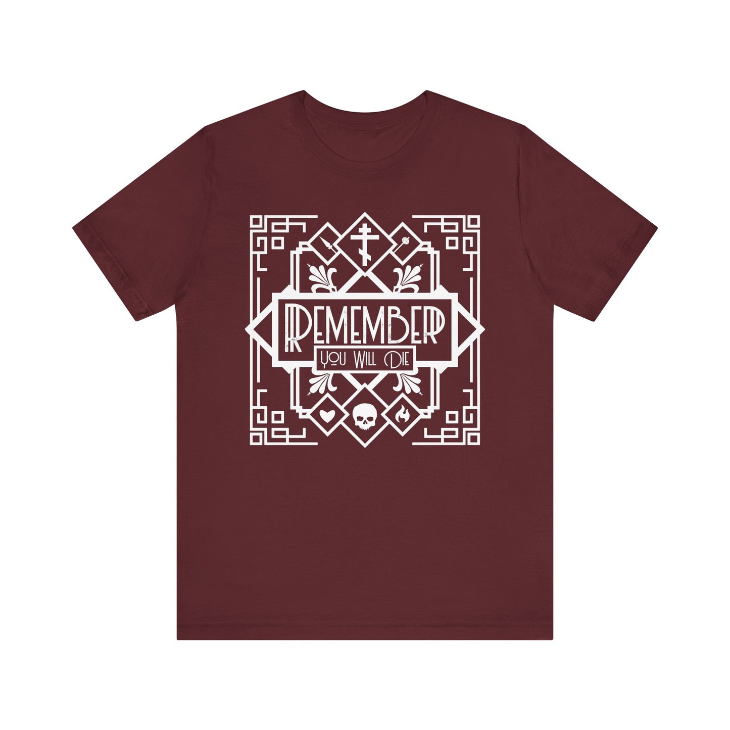 Maroon lightweight unisex t-shirt featuring the "Remember You Will Die" Art Deco black and white line art design with skull, heart, and fire; memento mori inspired by Orthodox hymns.