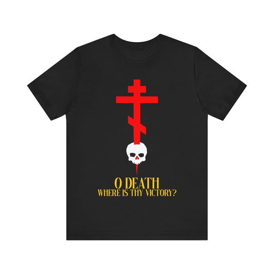 Black "O Death Where is Thy Victory?" unisex cotton t-shirt features a red Orthodox cross stabbing a white skull with yellow text—a bold display of faith and Christ’s Resurrection.