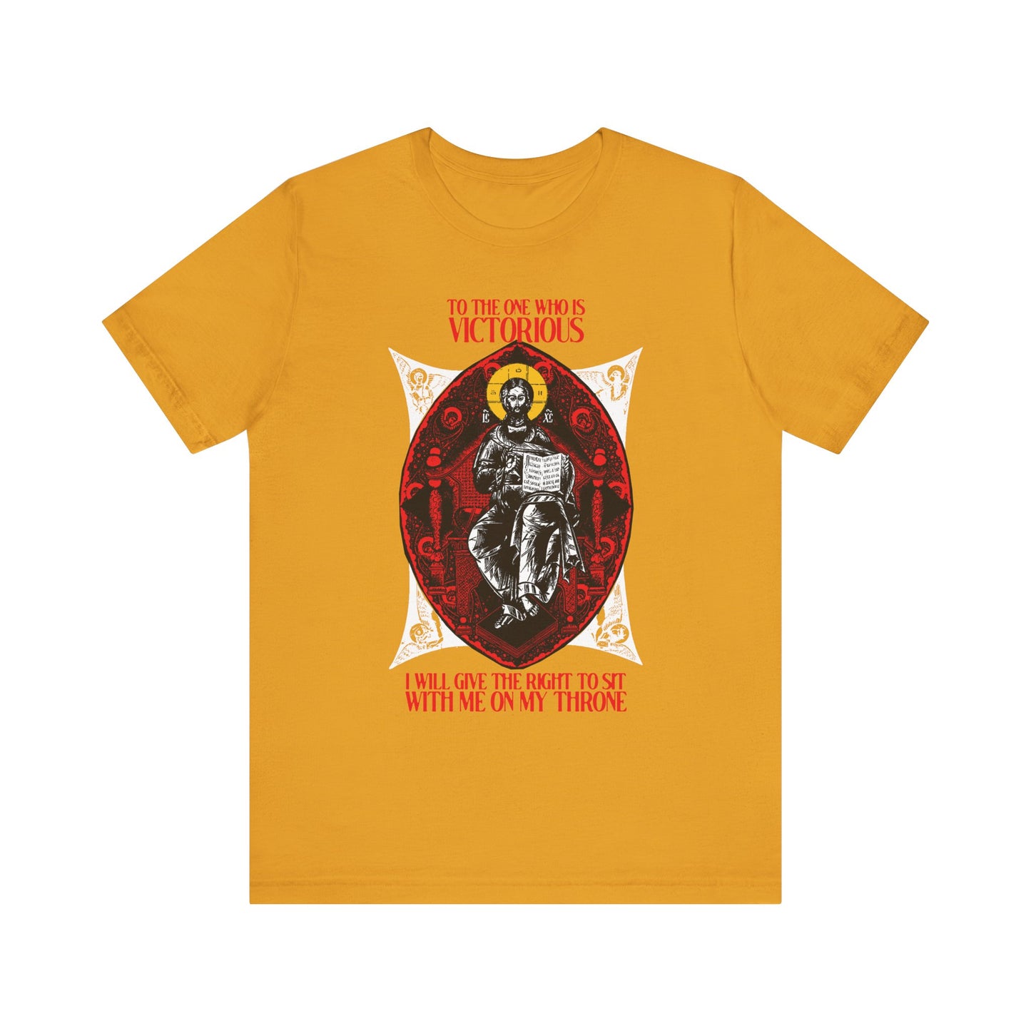Mustard "Christ is King, Enthroned In Glory" Orthodox Christian tee features Rev 3:21: “To the one who is victorious… sit with me on my throne,” celebrating our call to reign with Christ. Lightweight cotton, unisex fit.