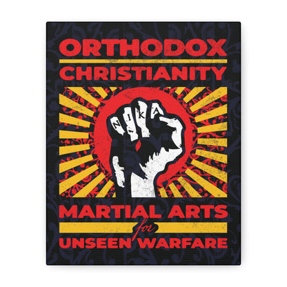 Orthodox Christianity: Martial Arts for Unseen Warfare | NIKA Jesus Fist on Colorful Sunburst Design | Orthodox Christian Canvas Art