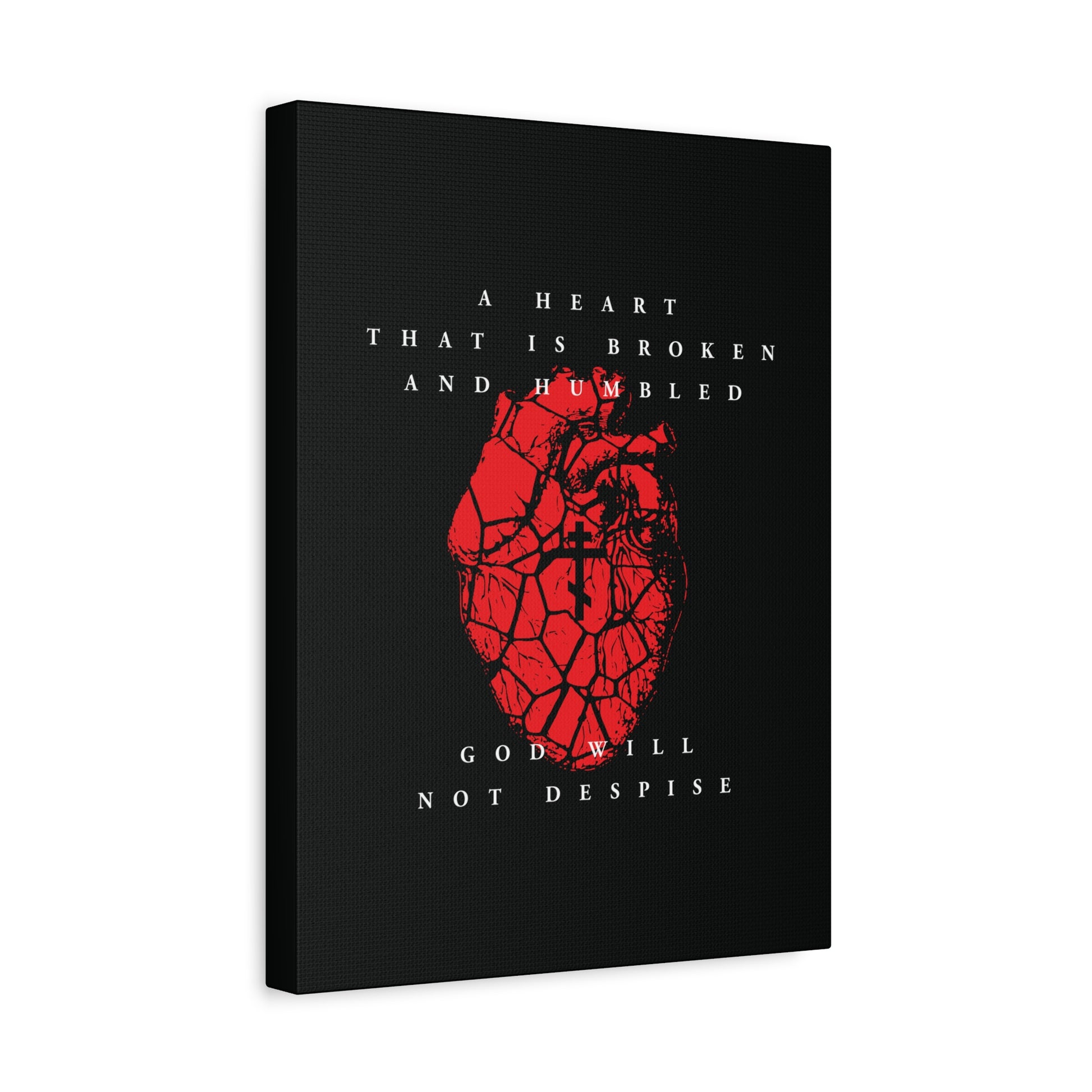A Heart That is Broken and Humbled God Will Not Despise: This Christian canvas art features a cracked red anatomical heart with an Orthodox cross, inspired by repentance and Psalm 51—a humble prayer for forgiveness.