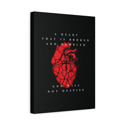 A Heart That is Broken and Humbled God Will Not Despise: This Christian canvas art features a cracked red anatomical heart with an Orthodox cross, inspired by repentance and Psalm 51—a humble prayer for forgiveness.