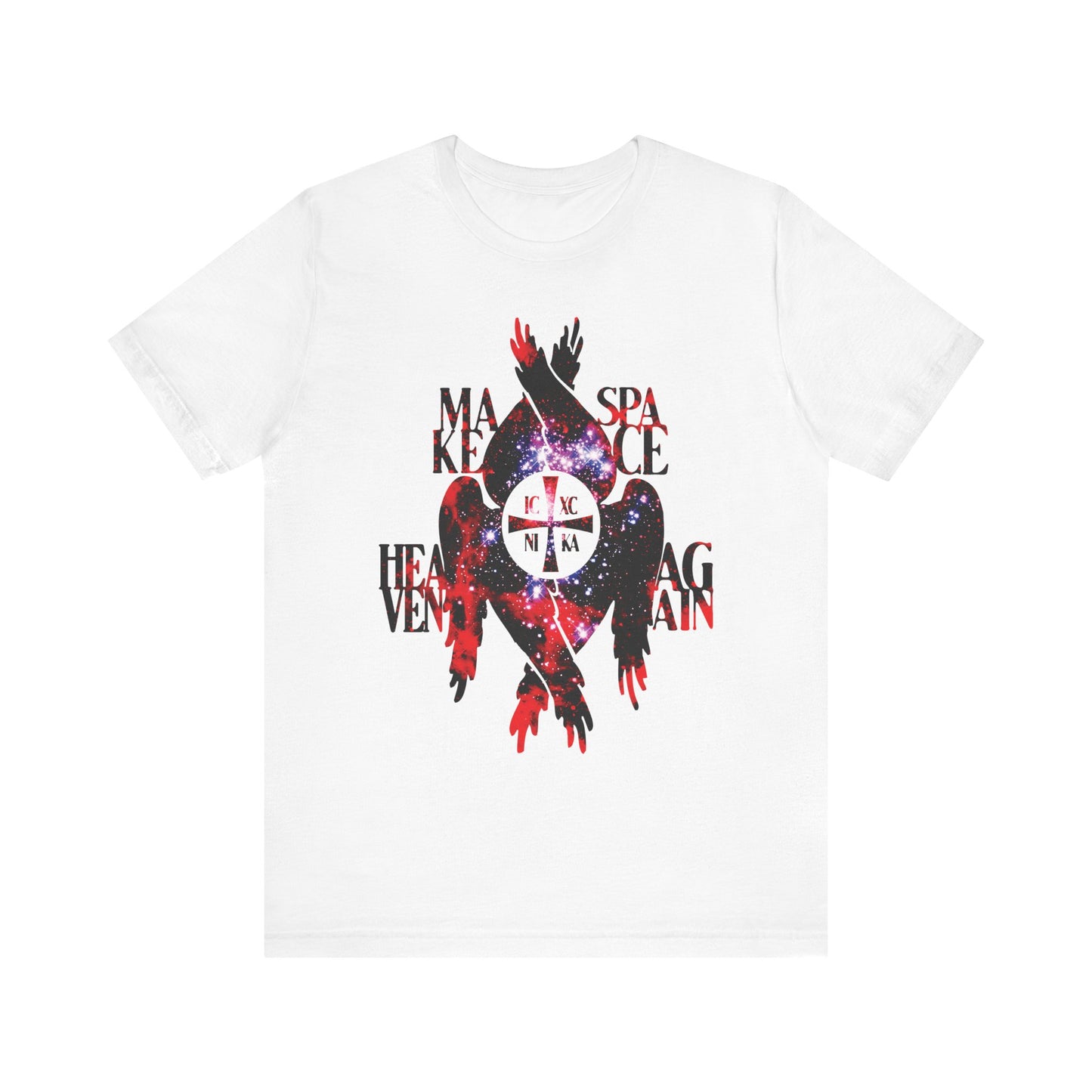White "Make Space Heaven Again" t-shirt featuring a galaxy-inspired ICXC NIKA cross, textured cosmic elements, and seraphim wings—an Orthodox Christian unisex design on lightweight cotton that evokes angels and archangels spanning celestial realms.