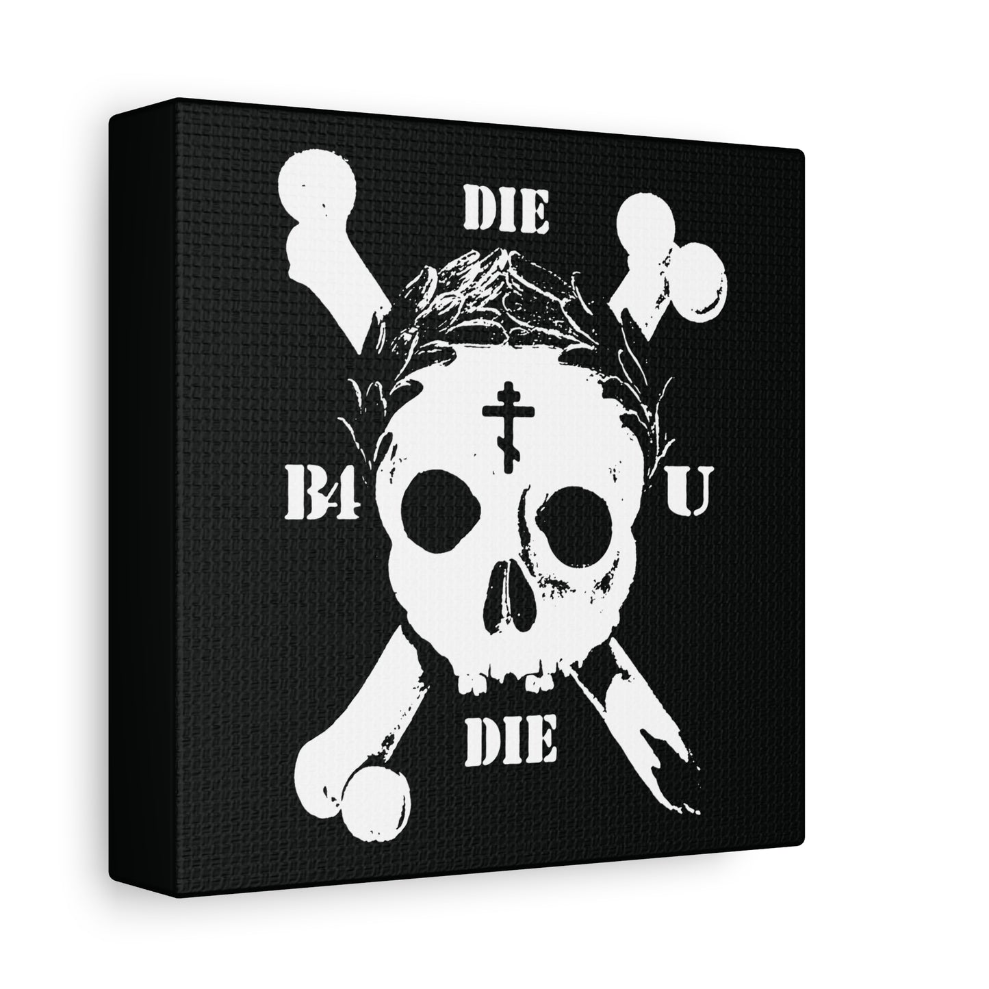 The "Die Before You Die" wall art features a retro skull & crossbones with an Orthodox cross and laurel wreath, inspired by Matthew 16:24–25—reminding us to "deny himself and take up his cross." Memento mori ascetic Christian decor.
