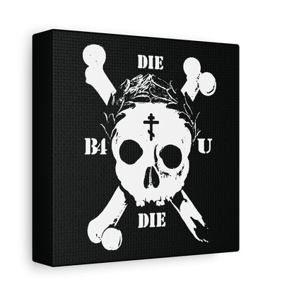 The "Die Before You Die" wall art features a retro skull & crossbones with an Orthodox cross and laurel wreath, inspired by Matthew 16:24–25—reminding us to "deny himself and take up his cross." Memento mori ascetic Christian decor.