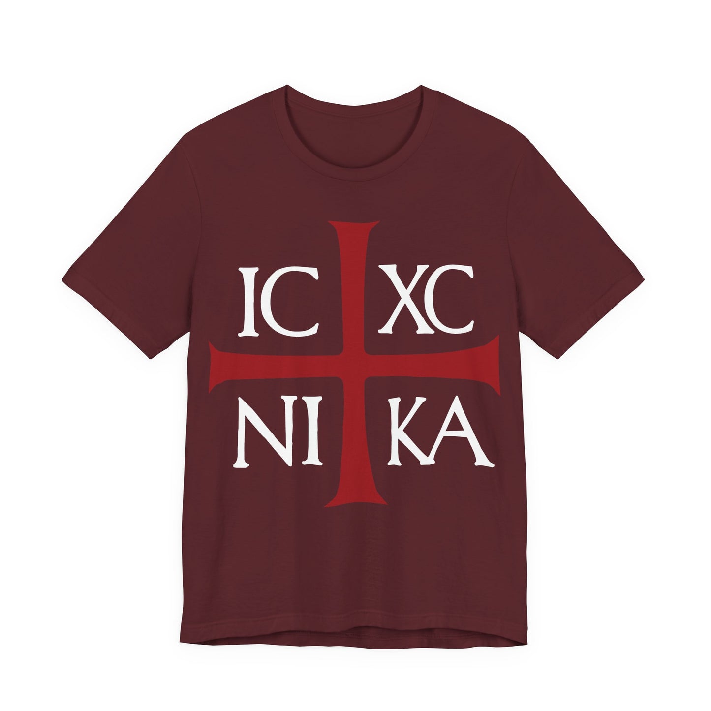 Maroon cotton T-shirt featuring a red cross and white ICXC NIKA (Jesus Christ Conquers), an ancient Byzantine Christogram, inspired by Romans 8:31-39. Orthodox Christian apparel.