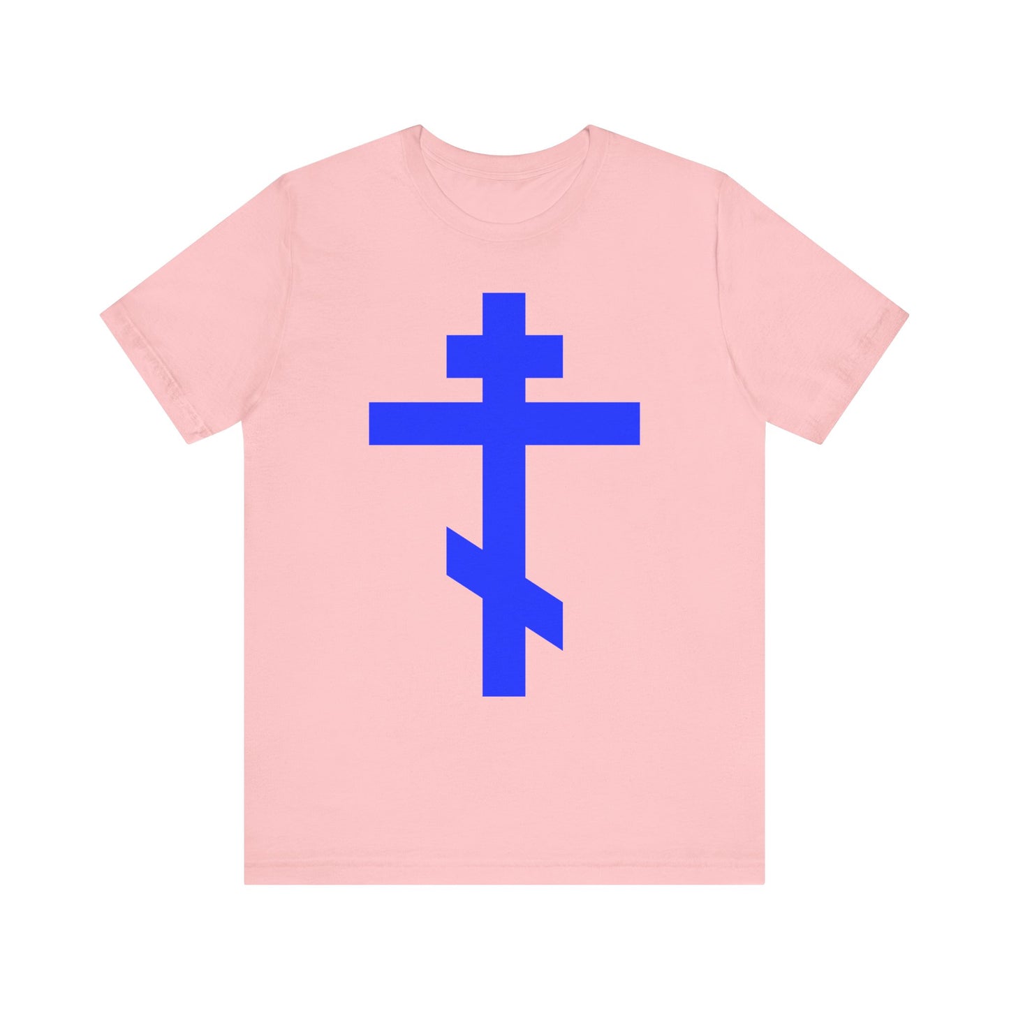 Pink Royal Blue Orthodox Tribar Cross t-shirt featuring "Preserve Thy People By Thy Cross, O Lord" and "Christ is King" text on the front, symbolizing salvation through the Lord. Lightweight cotton unisex tee.