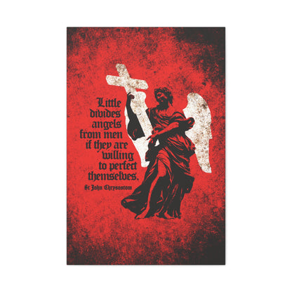 Little Divides Angels from Men" – Christian canvas art featuring a textured cemetery angel with a cross and “Be ye holy” quote, inspired by St. John Chrysostom’s call for perfection; perfect for Orthodox faithful.