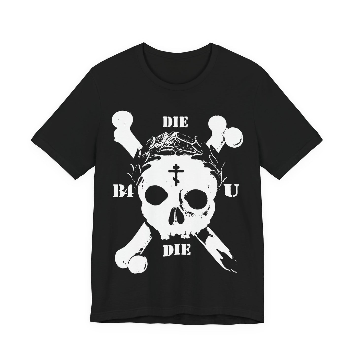 Black "Die Before You Die" t-shirt features a retro skull and crossbones, Orthodox Cross, laurel wreath, and Memento Mori design—an ascetic Christian reminder inspired by Matthew 16:24-25.