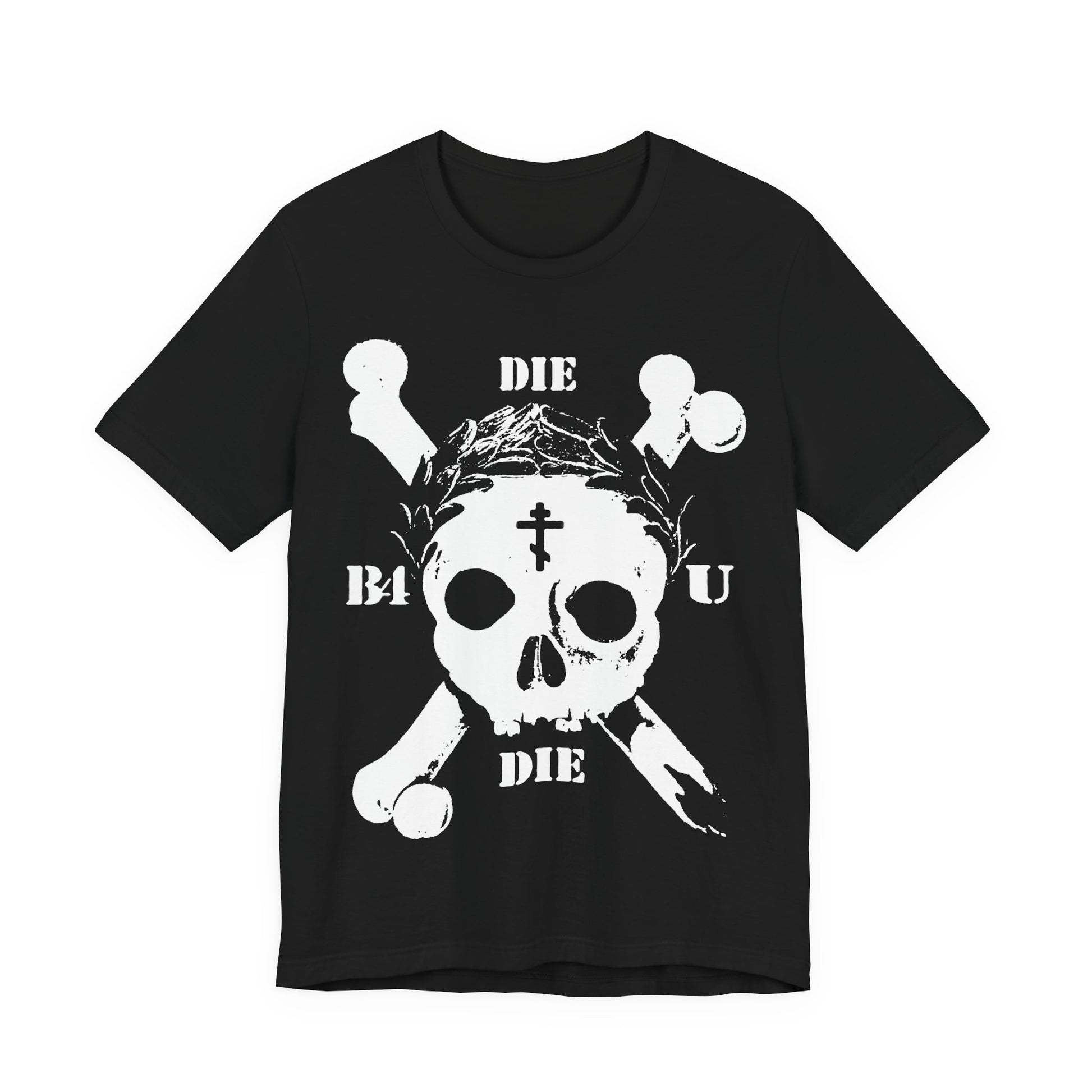 Black "Die Before You Die" t-shirt features a retro skull and crossbones, Orthodox Cross, laurel wreath, and Memento Mori design—an ascetic Christian reminder inspired by Matthew 16:24-25.