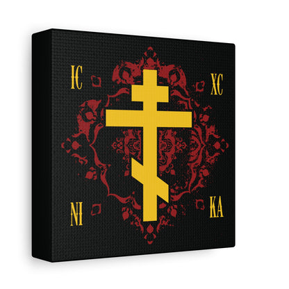 The ICXC NIKA Yellow Russian Cross on Ornate Red Background Canvas Art reflects Christ's victory, featuring a gold Orthodox cross and the ICXC NIKA letters, symbolizing Jesus Christ conquers.