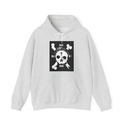 The "Die Before You Die" hoodie features a retro skull & crossbones, Orthodox cross, laurel victory wreath, and "Memento Mori" graphics—ascetic Christian apparel inspired by Matthew 16:24-25.