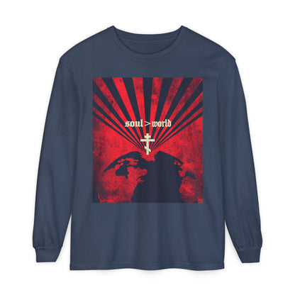 What Shall it Profit a Man | Matthew 16:26 | Soul Is Greater Than World | Red Earth White Cross | Orthodox Christian Long Sleeve Shirt