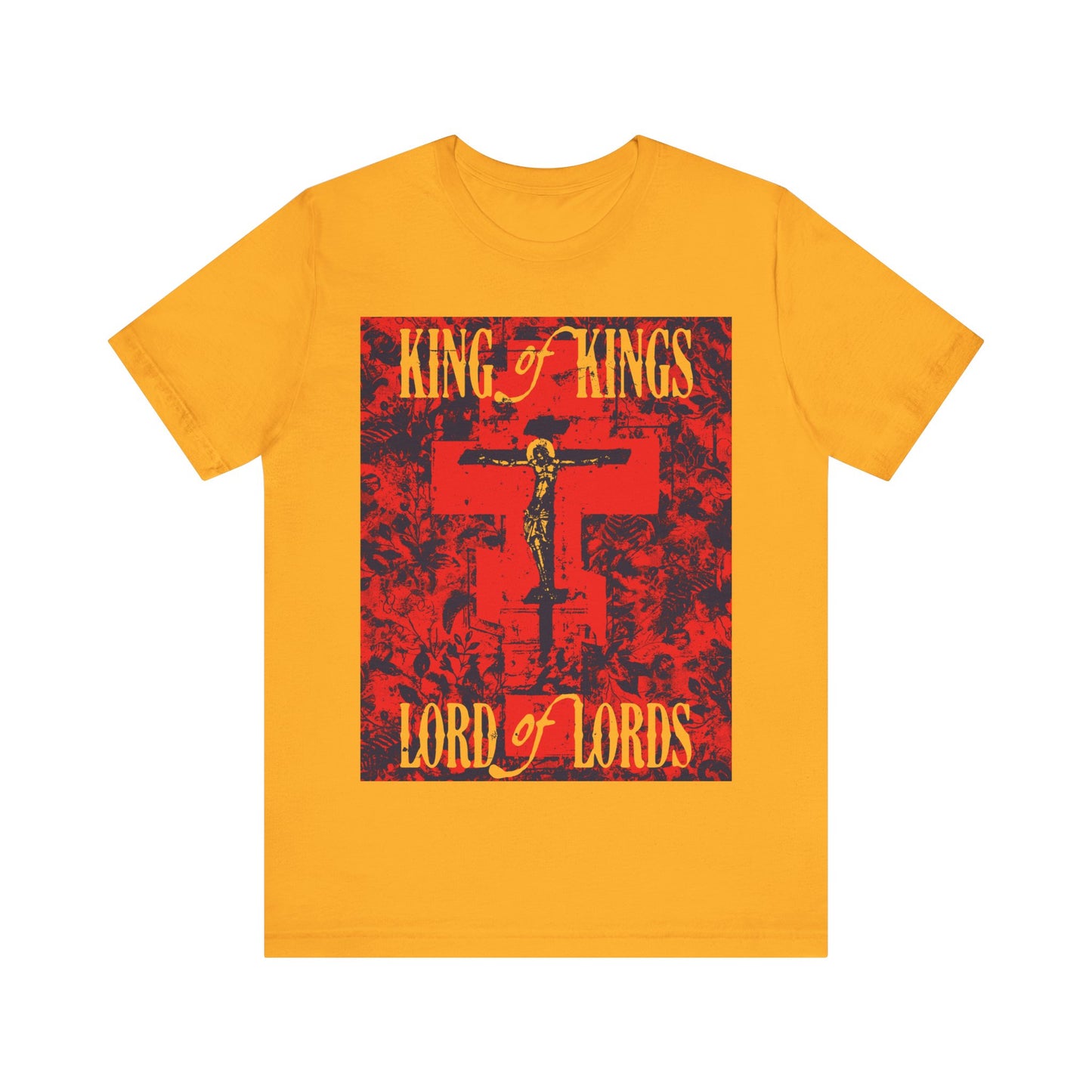 King of Kings, Lord of Lords | Christ Crucified Orthodox Icono-Graphic | Yellow & Red Design | Nature Texture | Lightweight Cotton Unisex T-Shirt