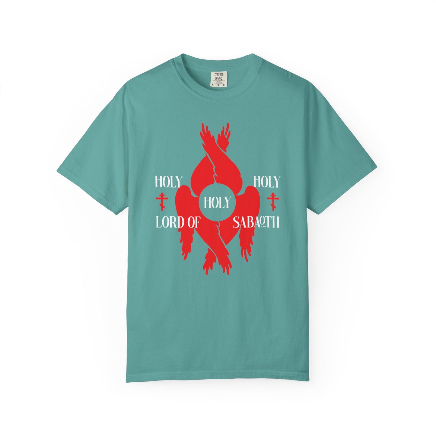 A seafoam heavyweight cotton unisex tee featuring red seraphim wings, Orthodox crosses, and white “HOLY HOLY HOLY LORD OF SABAOTH” text, inspired by Isaiah 6:3 and the Divine Council.
