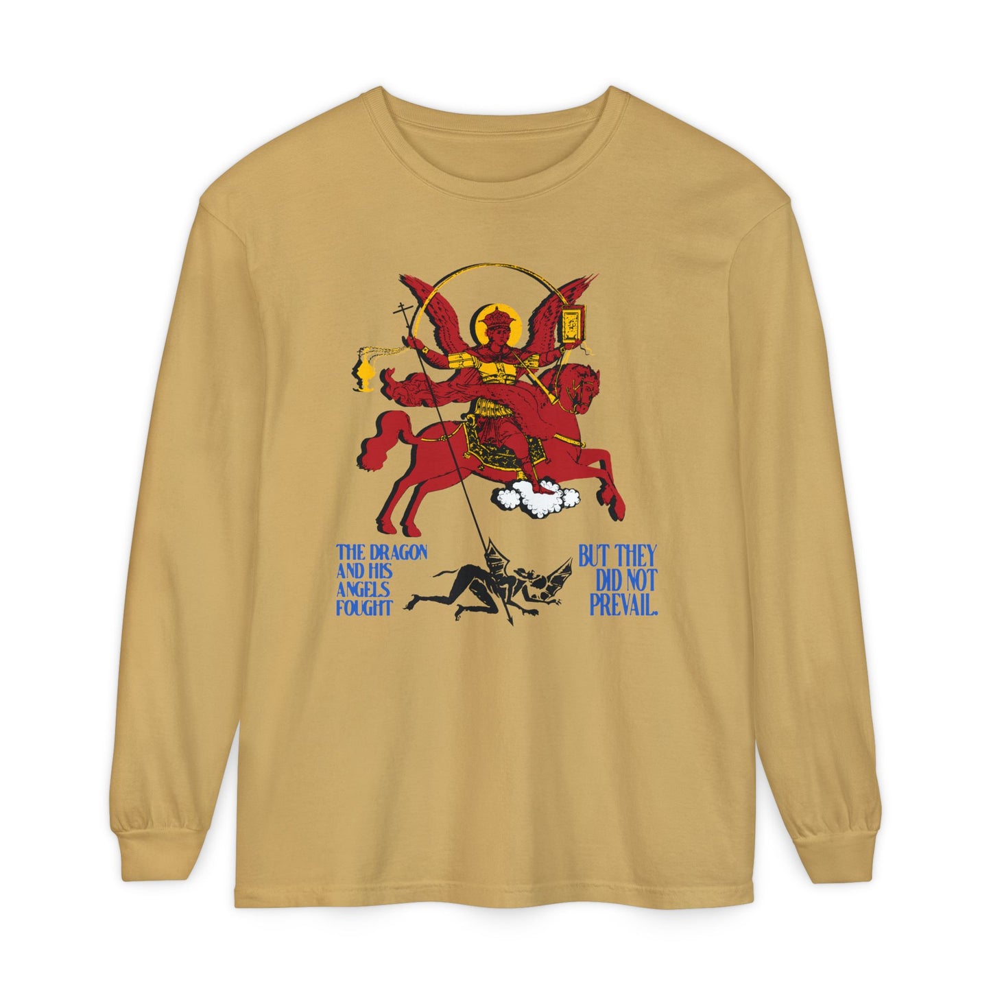 Apocalyptic St Michael Icono-Graphic (Rev 12:7-8) | Red Angel & Horse | Blue Lettering | Orthodox Christian Cotton Long Sleeve Shirt