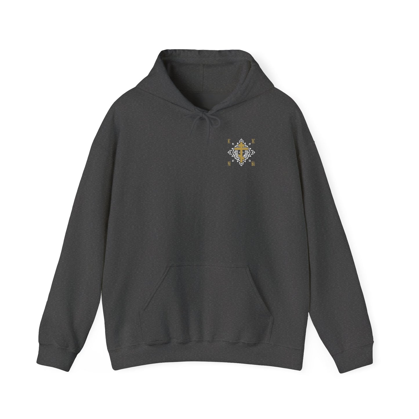 Dark Heather hoodie featuring a small Gold Orthodox Cross ICXC NIKA design with a white medieval ornate floral pattern on the left chest area, inspired by “Jesus Christ Conquers” and Christian faith, displayed on a white background.