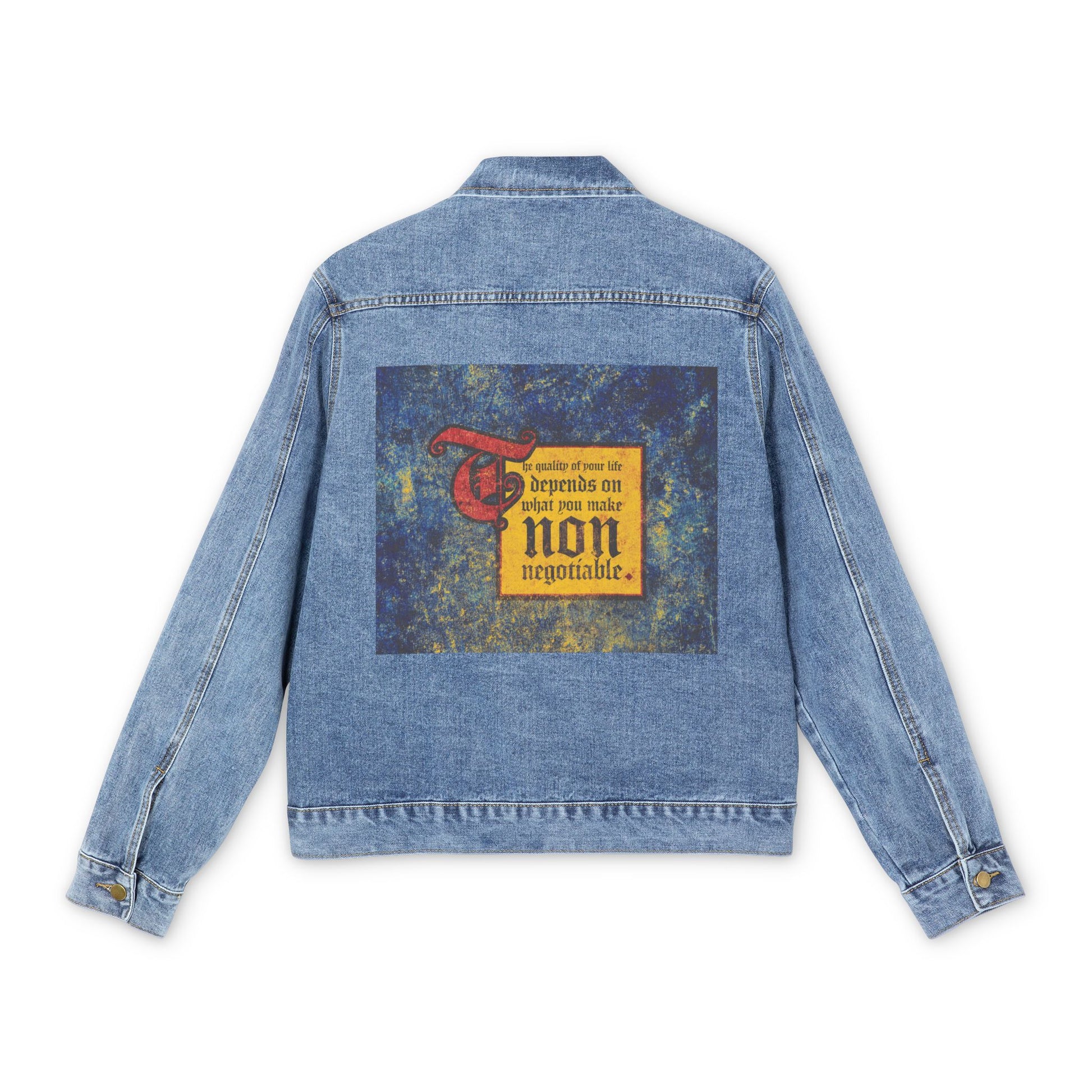 Medium denim wash jean jacket with a bold back patch stating, “The quality of your life depends on what you make non-negotiable.” Motivational Orthodox Christian design.