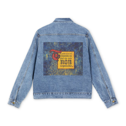 Medium denim wash jean jacket with a bold back patch stating, “The quality of your life depends on what you make non-negotiable.” Motivational Orthodox Christian design.