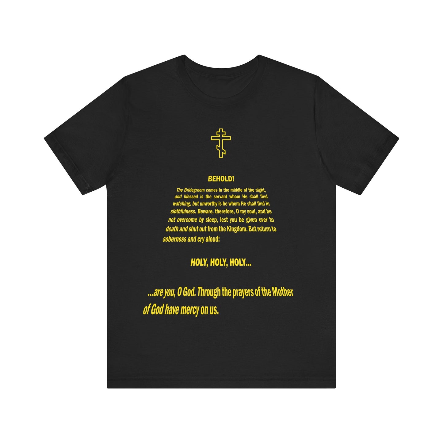 The "Behold the Bridegroom" black tee features an Orthodox Christian text in a St@r W@rs title crawl design—ideal for Holy Week and those who cherish Orthodox Church traditions. Lightweight cotton, unisex fit.