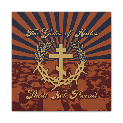 The Gates of Hades Shall Not Prevail | Cross with Wreath & Crown of Thorns | Skulls and Rays | Orthodox Christian Canvas Art