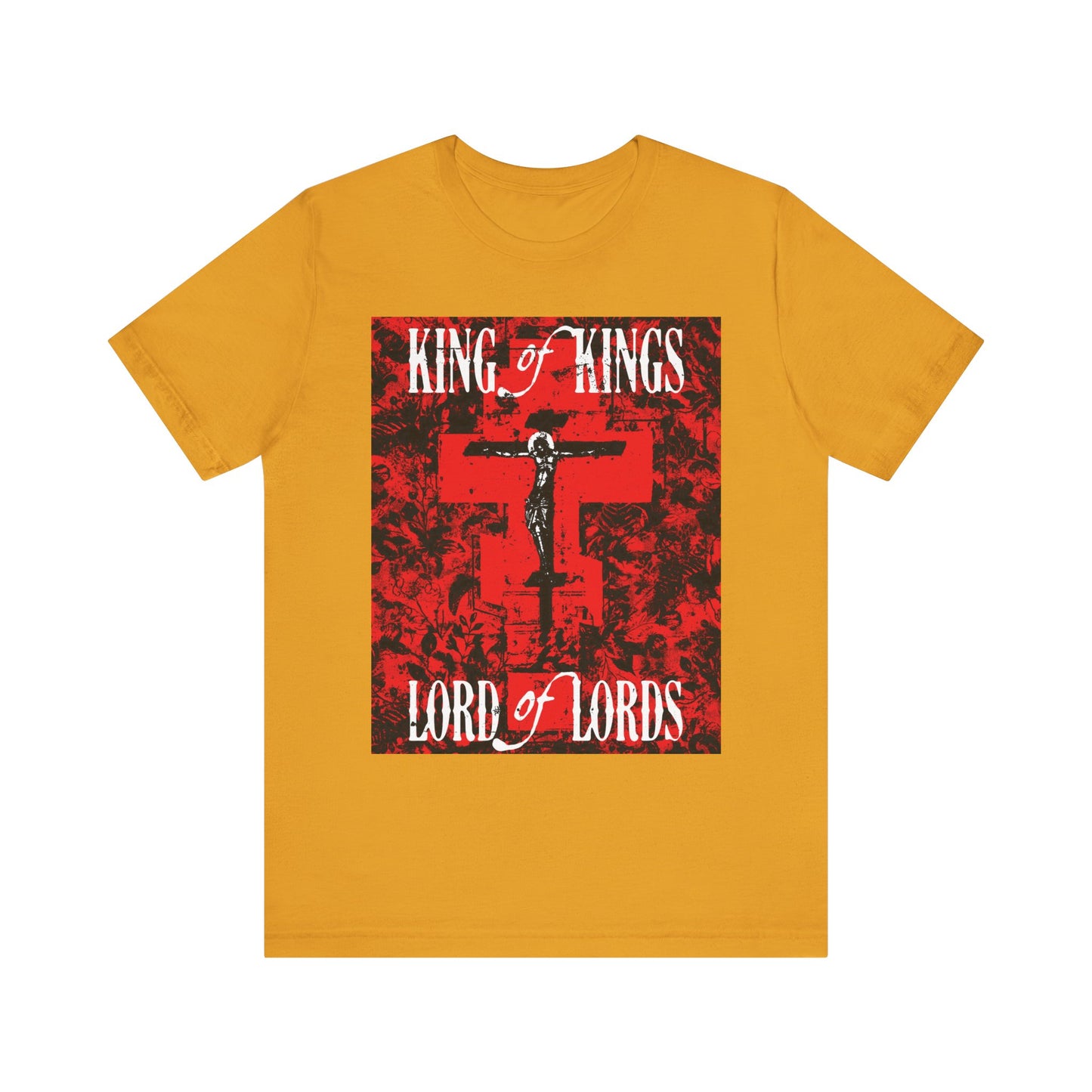 King of Kings, Lord of Lords | Christ Crucified Icono-Graphic | Red Cross Nature Texture w/ White Text | Lightweight Cotton Unisex Tee