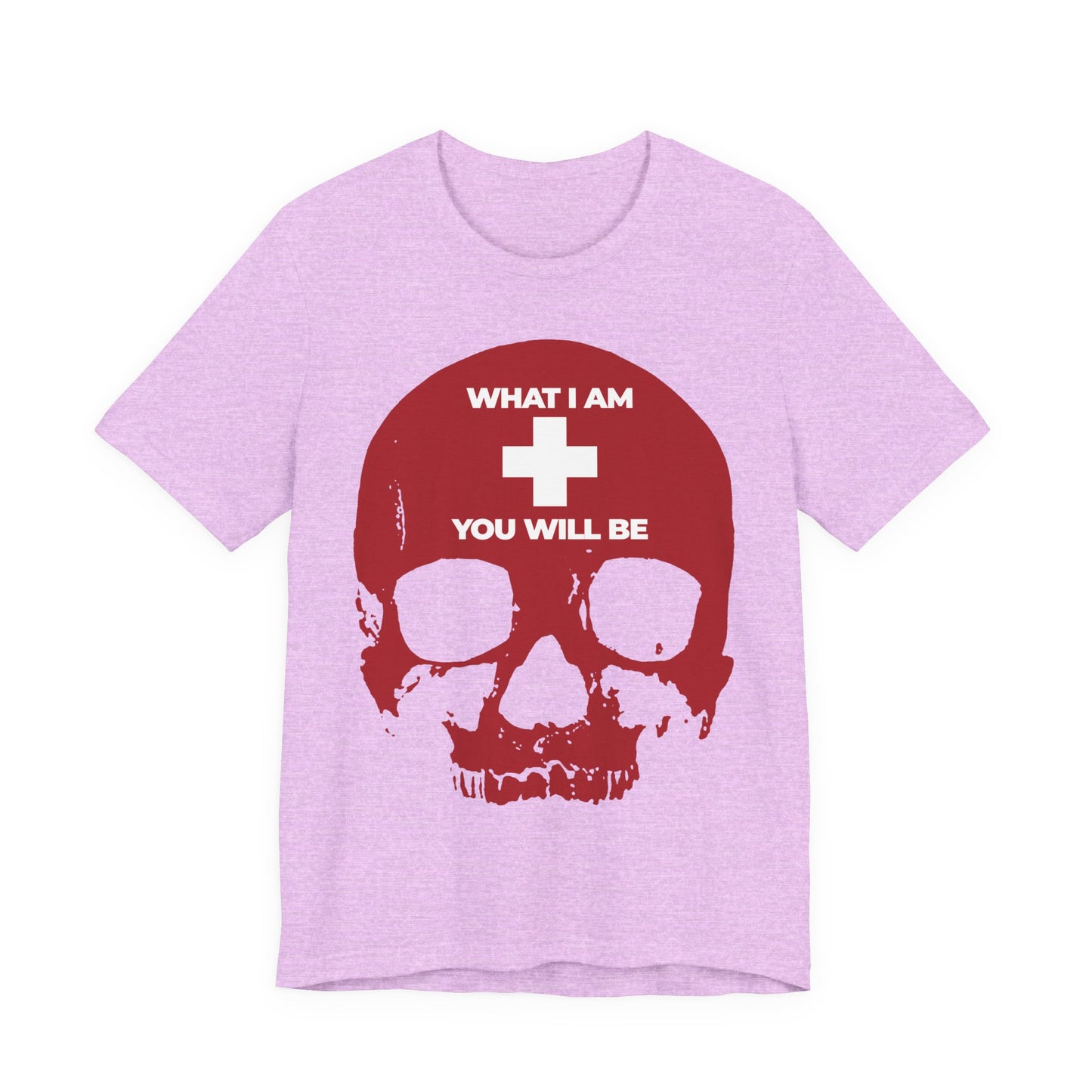 Heather Prism Lilac t-shirt featuring a striking white cross on a red skull and the text "WHAT I AM YOU WILL BE"—a bold, Orthodox Christian lightweight cotton unisex tee inspired by Ecclesiastes and the message of Memento Mori: Remember You Will Die.