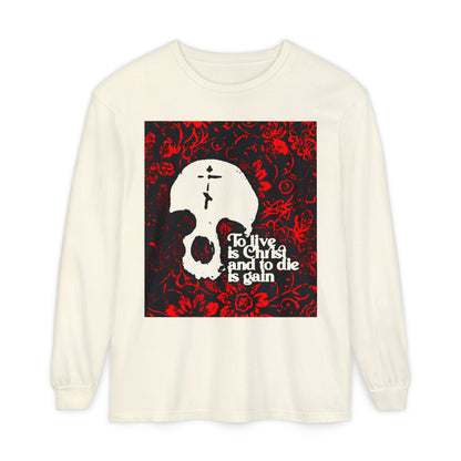 To Live is Christ To Die is Gain (Phil 1:21) | Skull with Cross on Red Floral Texture | Orthodox Christian Long Sleeve Shirt