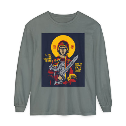 To Thee the Champion Leader | Mother of God | Theotokos with Sword IconoGraphic | Orthodox Christian Long Sleeve Shirt