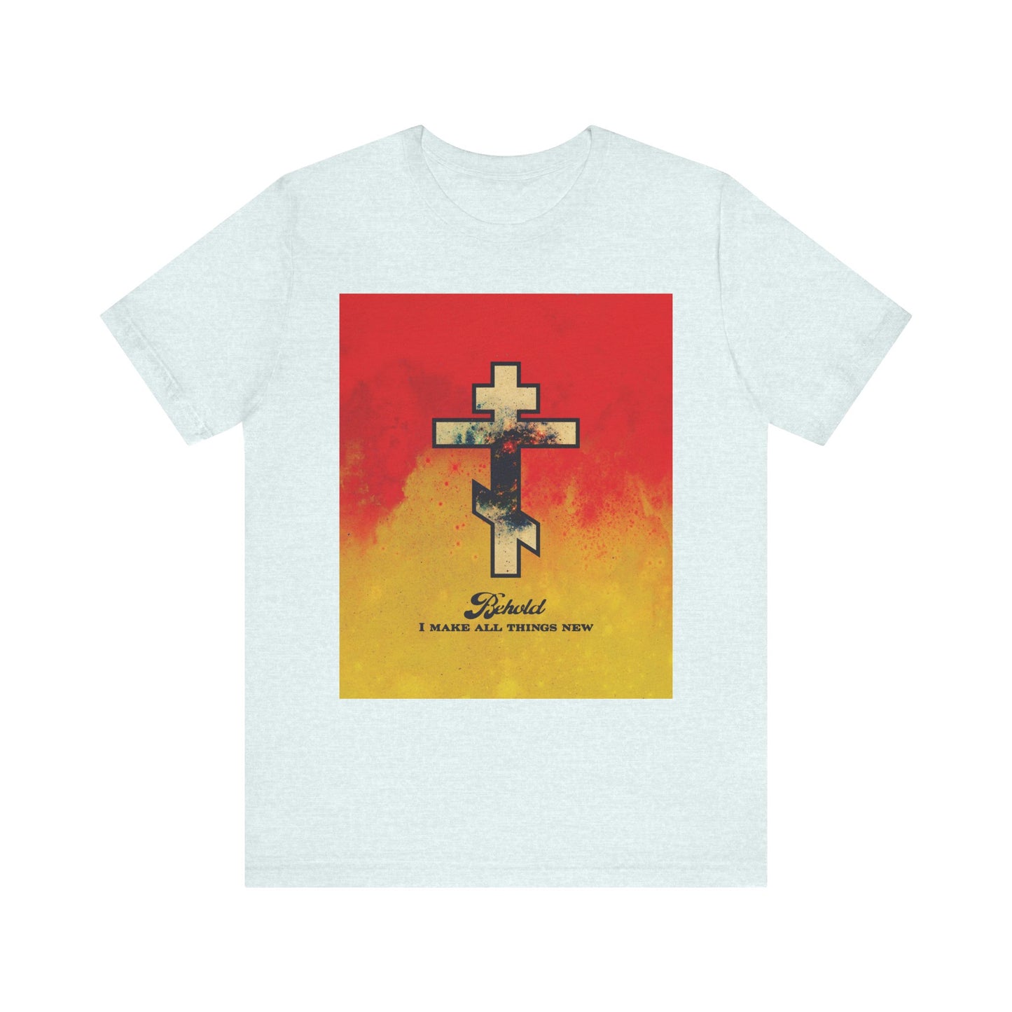 Heather Ice Blue unisex tee featuring a cosmic Orthodox cross on a red and yellow background with the text "Behold, I Make All Things New (Rev 21:5)", inspired by Bible verses on the new heavens and new earth.
