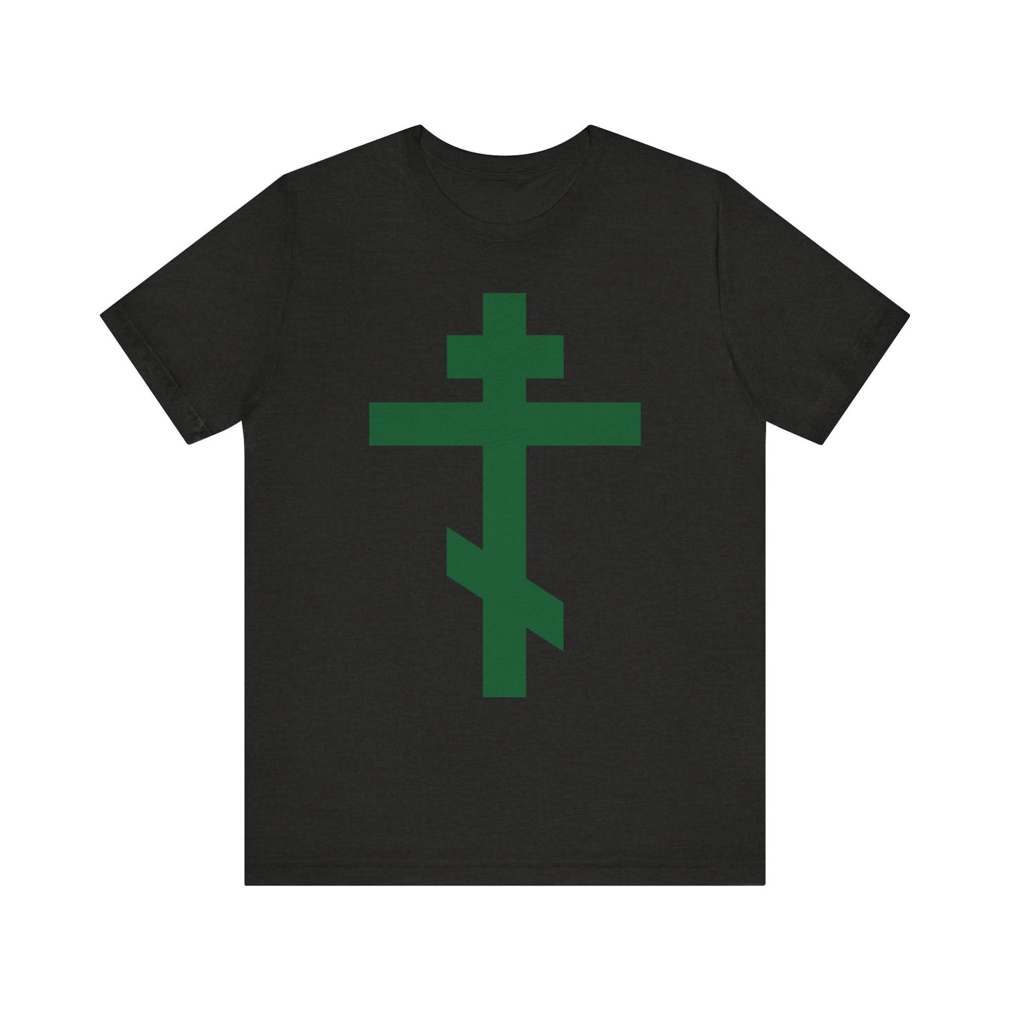 The Forest Green Orthodox Tribar Cross Christ is King tee features a large green cross on Black Heather, symbolizing salvation and reminding us of the Saviour’s sufferings. Lightweight cotton unisex fit. "Preserve Thy People By Thy Cross, O Lord.