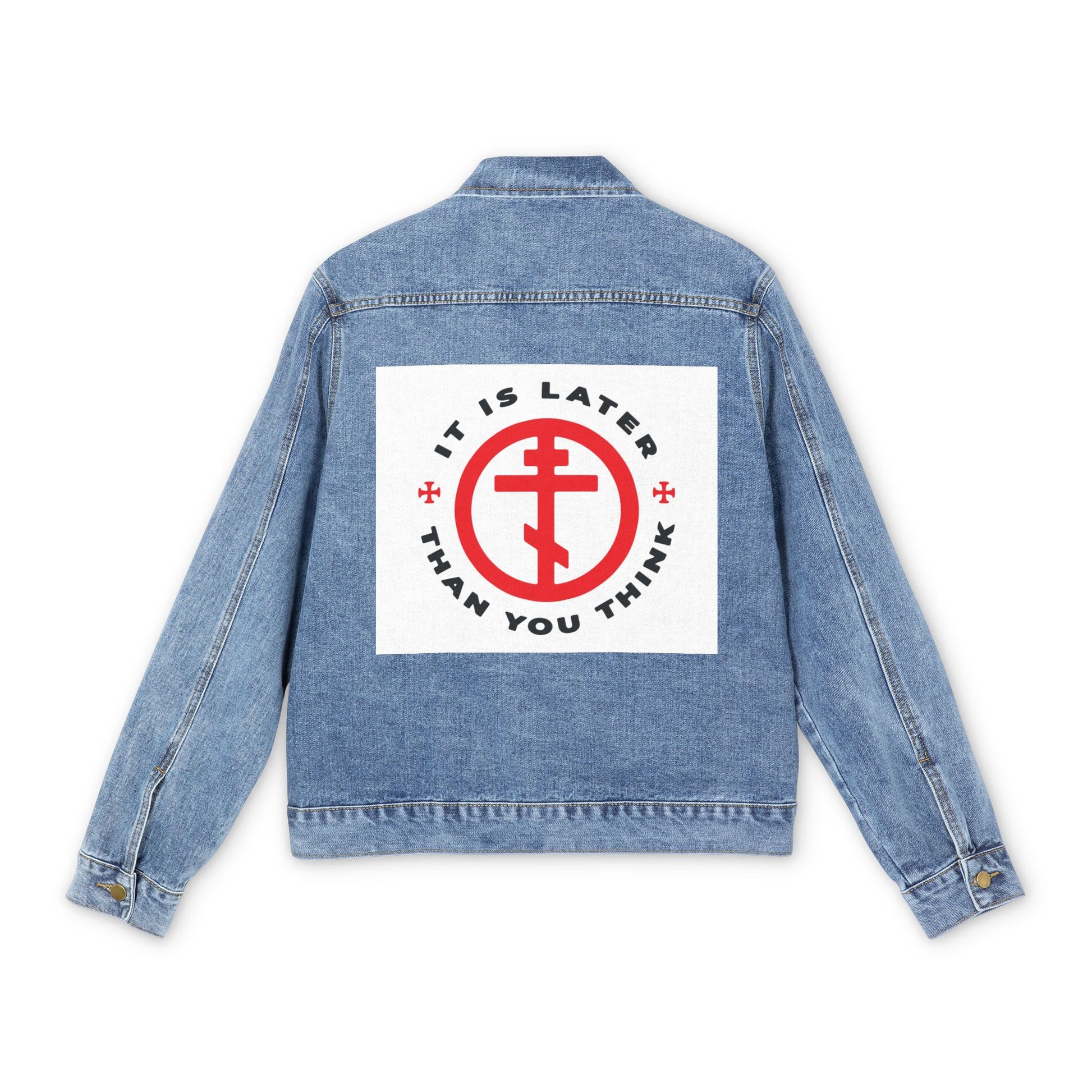 Medium denim wash jean jacket featuring a large back patch that reads "It is later than you think" around a red Orthodox cross, inspired by Fr Seraphim Rose’s teachings. Christian design, Memento Mori & Apocalypse themes.