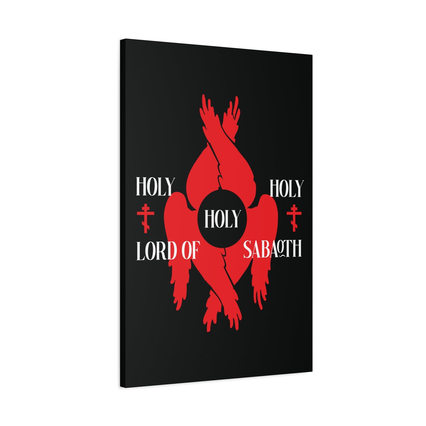 Featuring red six-winged seraphim and white "Holy Holy Holy Lord of Sabaoth" text on black, this Christian canvas art echoes Isaiah 6:3 with Orthodox crosses, inspired by the Divine Council and St Cyril’s Anaphora.