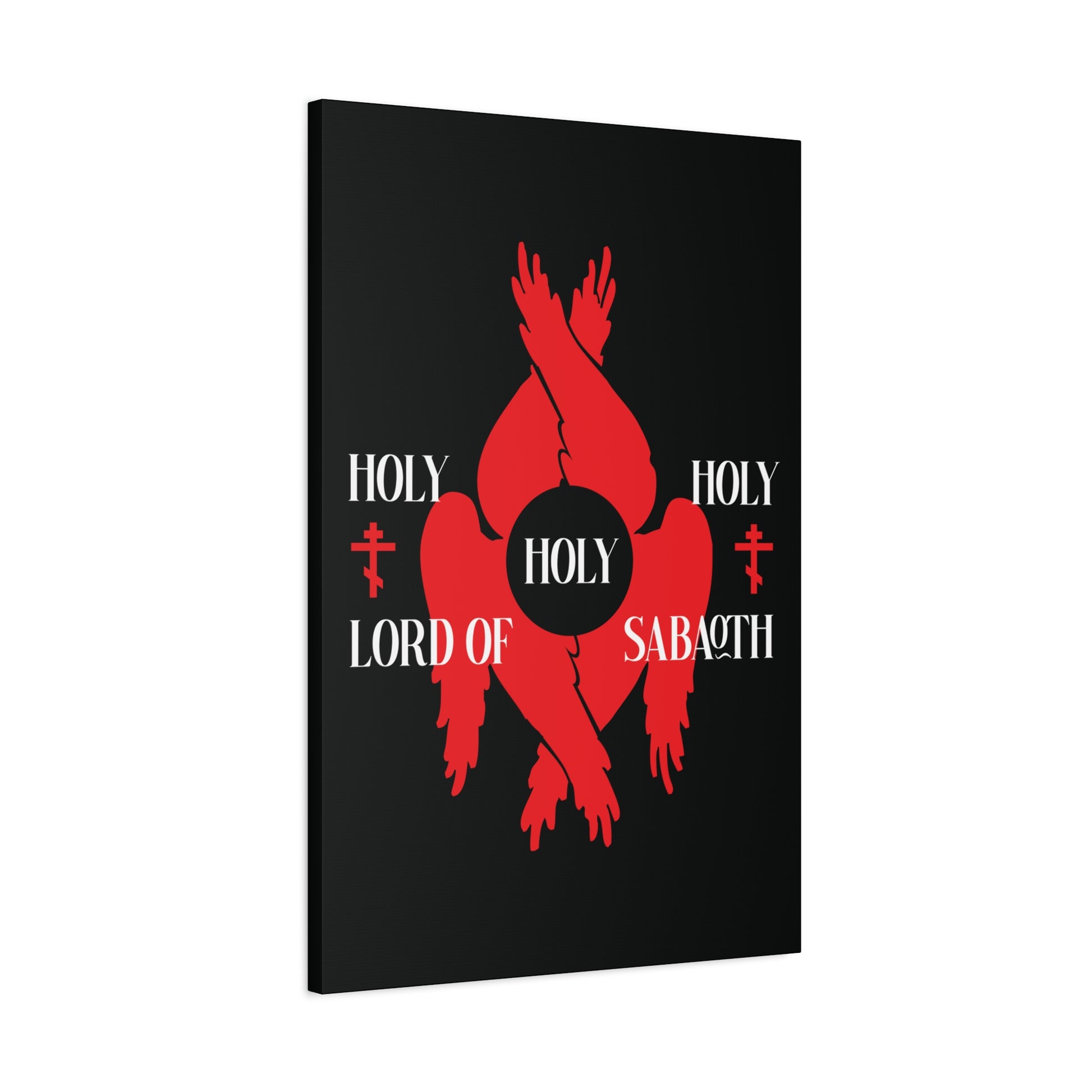 Featuring red six-winged seraphim and white "Holy Holy Holy Lord of Sabaoth" text on black, this Christian canvas art echoes Isaiah 6:3 with Orthodox crosses, inspired by the Divine Council and St Cyril’s Anaphora.