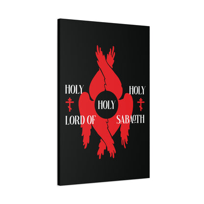 Featuring red six-winged seraphim and white "Holy Holy Holy Lord of Sabaoth" text on black, this Christian canvas art echoes Isaiah 6:3 with Orthodox crosses, inspired by the Divine Council and St Cyril’s Anaphora.
