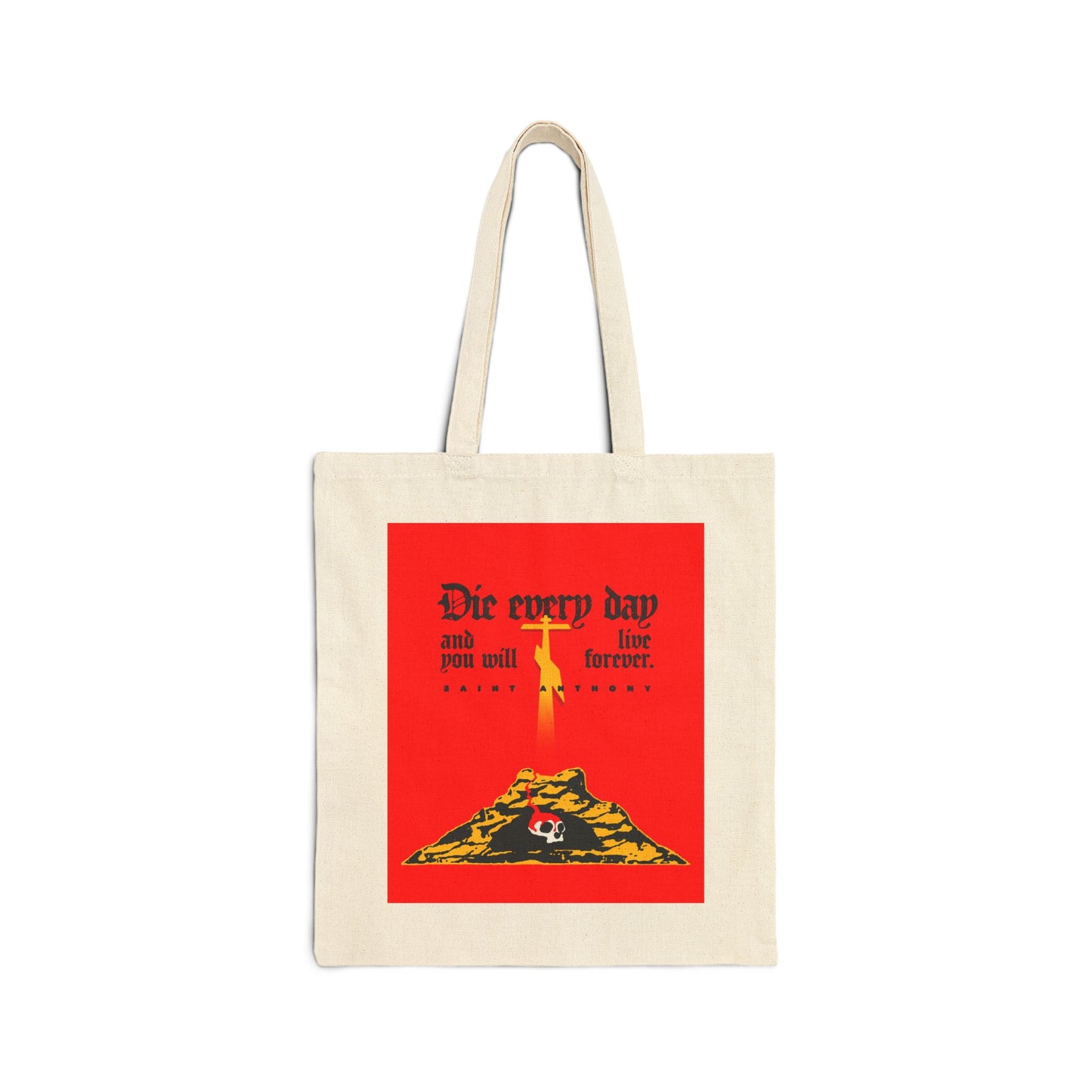 Natural-colored tote bag featuring a red design, Golgotha Cross, and Skull of Adam with the quote "Die every day and you will live forever" by St Anthony the Great. Perfect for Orthodox Christians seeking daily inspiration.