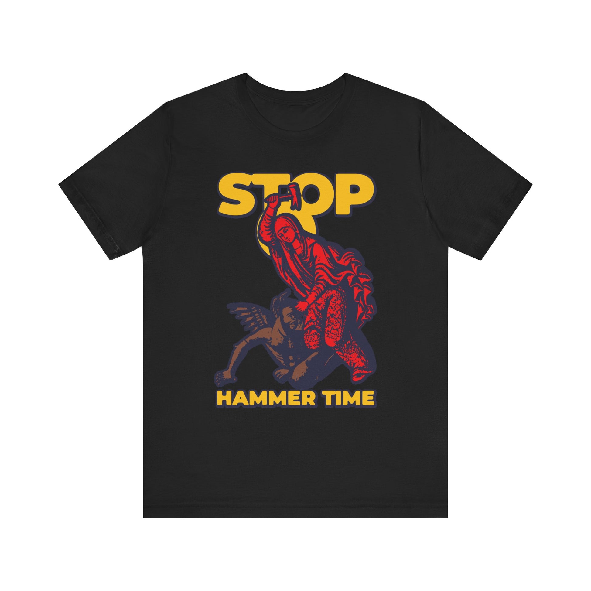 Show off your faith and sense of humor with this black unisex lightweight cotton T-shirt, featuring a bold design inspired by the story of Saint Marina of Antioch beating the devil with a hammer. The shirt displays colorful red, blue, and yellow artwork—STOP HAMMER TIME in vivid text above and below—and an eye-catching illustration that echoes memorable depictions from Orthodox tradition.