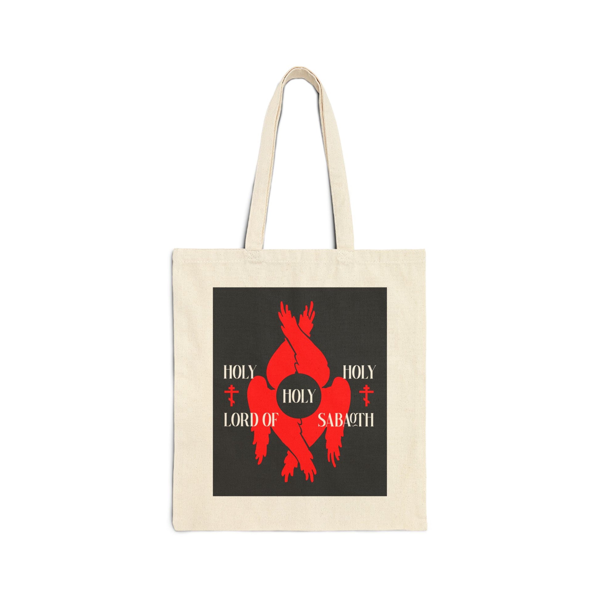 Beige cotton tote bag featuring red seraphim wings, Orthodox crosses, and "Holy Holy Holy Lord of Sabaoth" inspired by Isaiah 6:3 and the Divine Council.