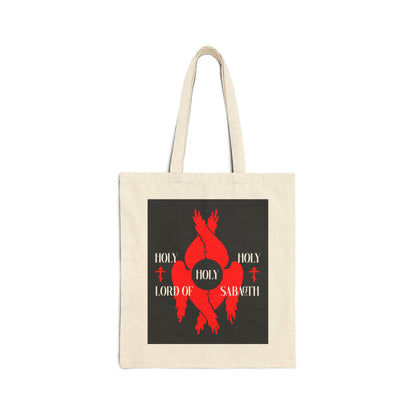 Beige cotton tote bag featuring red seraphim wings, Orthodox crosses, and "Holy Holy Holy Lord of Sabaoth" inspired by Isaiah 6:3 and the Divine Council.