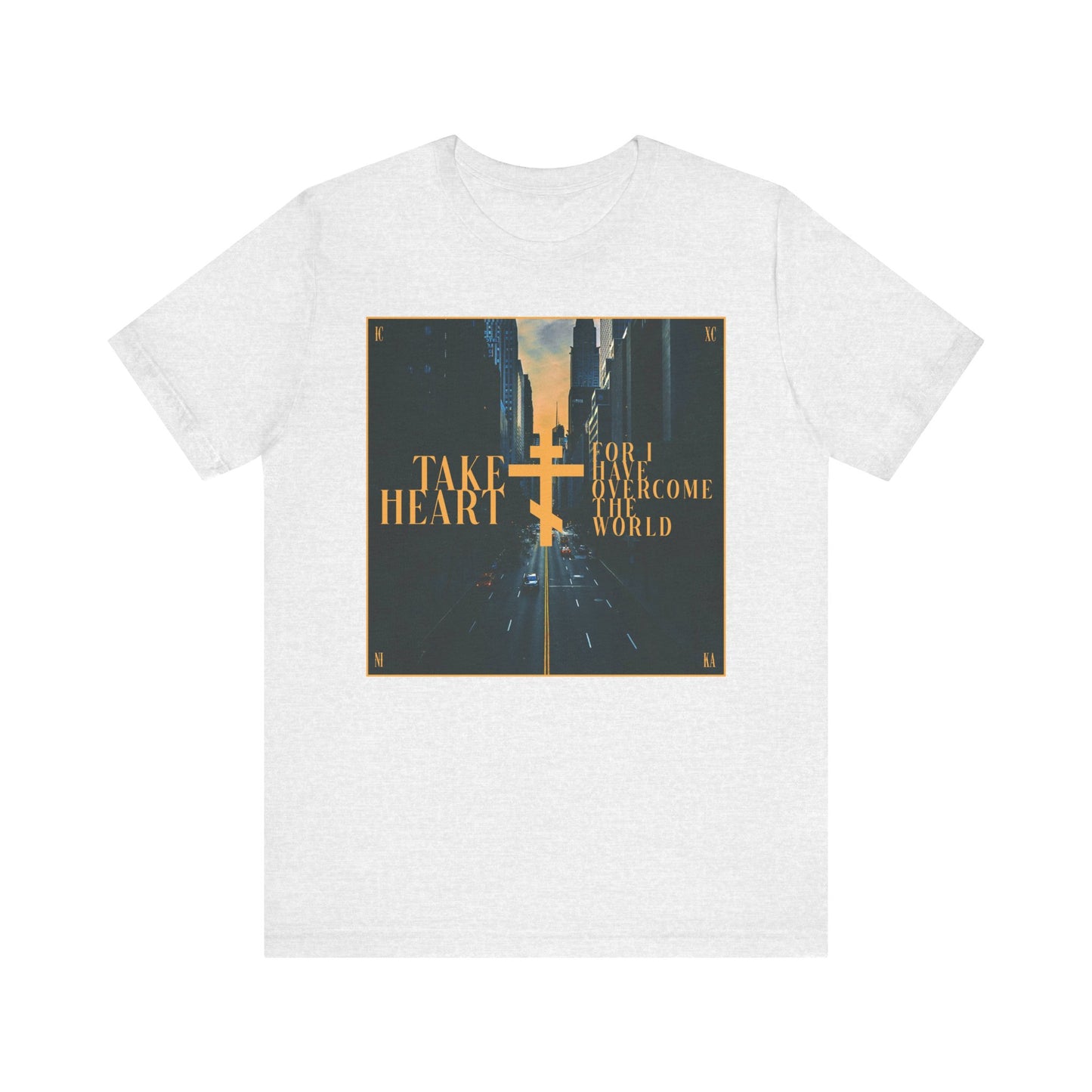 Take Heart, For I Have Overcome the World (John 16:33) | Redemptive Modern City Street Scene Design | Lightweight Cotton Unisex Tee