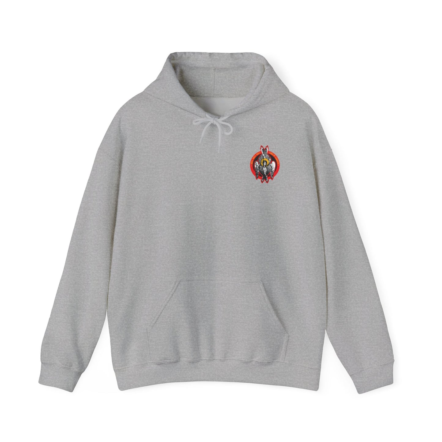 Sport Grey hoodie featuring a small “Holy Holy Holy Seraphim Angel Icono-Graphic”—a vibrant nod to Orthodox Christian faith, the Heavenly Hosts of God, and the Divine Council.