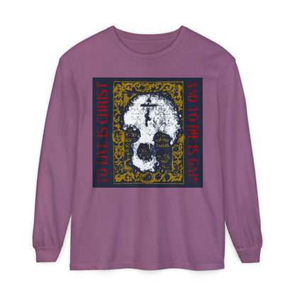 Berry long-sleeve shirt featuring a skull with cross on gold manuscript texture and "To Live is Christ, to Die is Gain" (Philippians 1:21), boldly expressing Orthodox Christian faith.