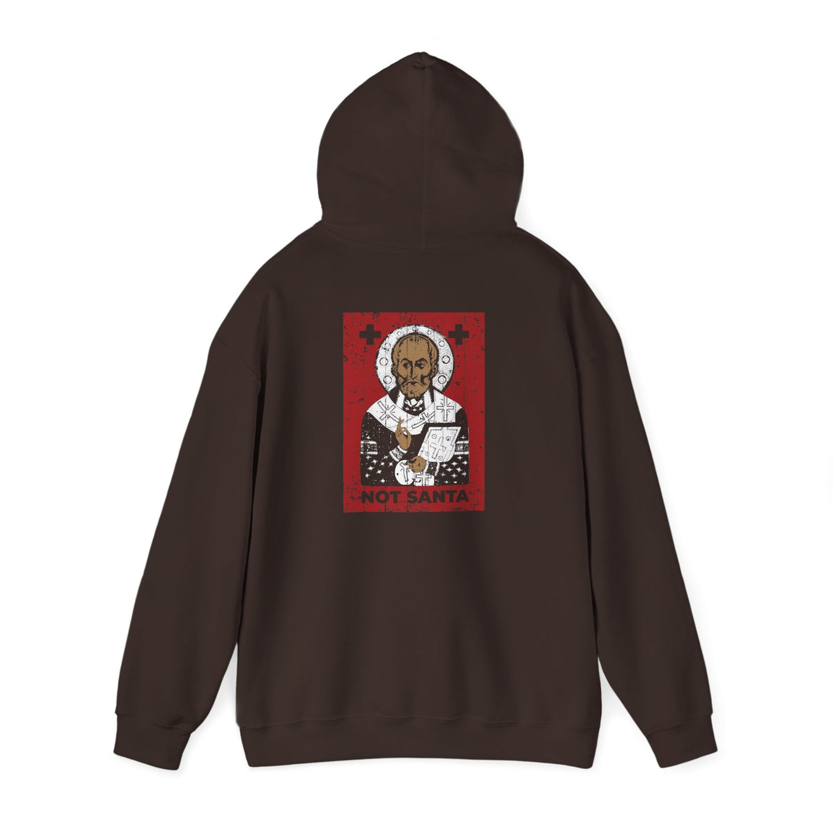 Dark chocolate St Nicholas of Myra | Definitely Not Santa hoodie with a Russian icon holding a book.